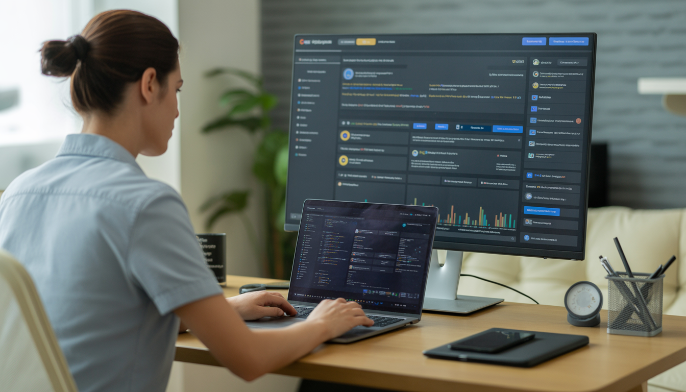Professionnel du marketing digital utilisant des scripts Google Ads pour automatiser ses campagnes sur un bureau moderne et minimaliste