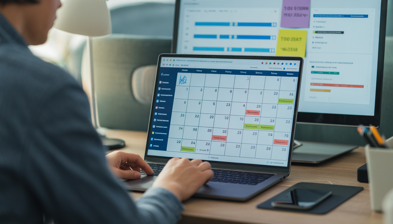 Professionnel du marketing digital utilisant un calendrier editorial bien organisé sur Notion pour planifier et répartir les tâches