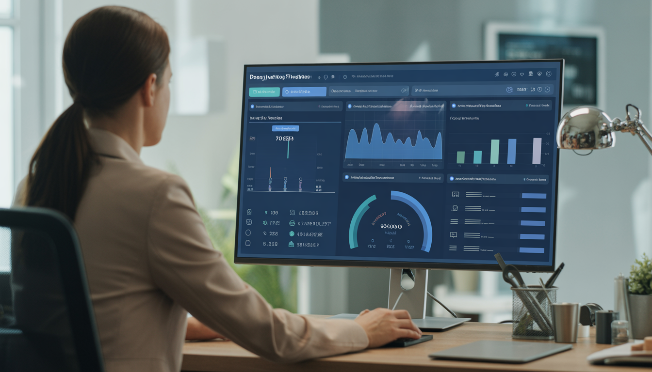Professionnel du marketing digital utilisant des templates Data Studio sur un tableau de bord sophistiqué dans un bureau moderne