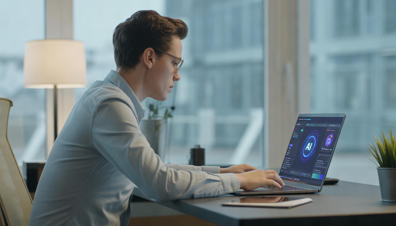 Professionnel du marketing digital utilisant des prompts IA sur un ordinateur portable dans un bureau moderne lumineux