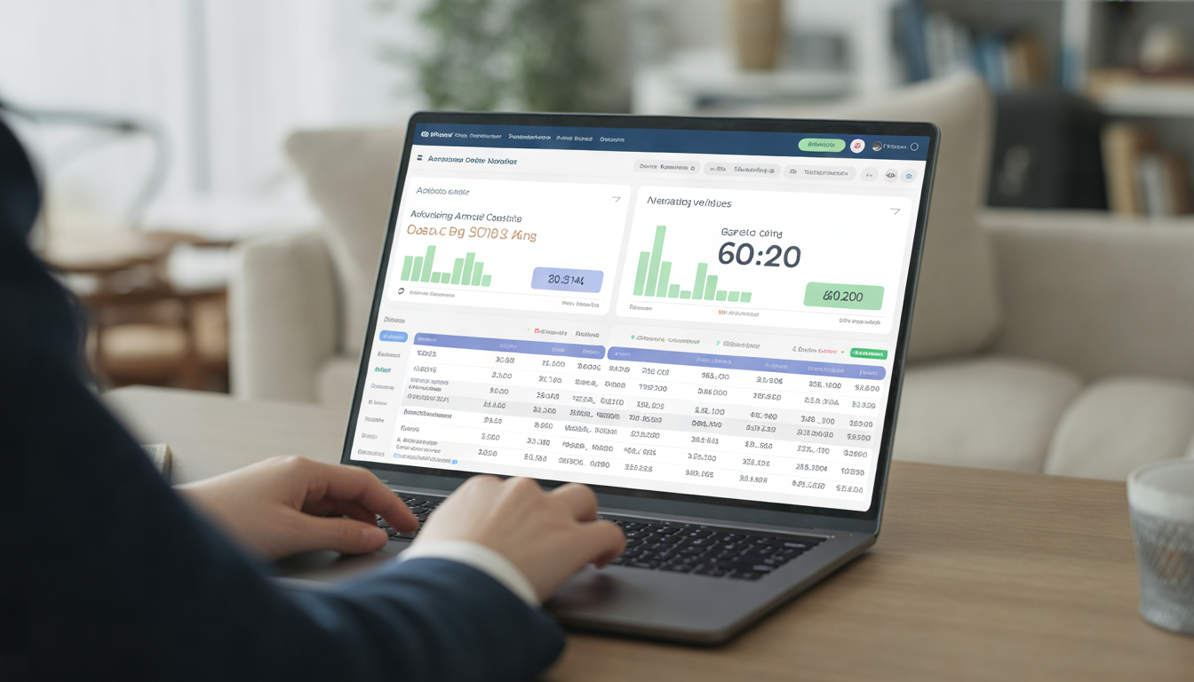 Professionnel du marketing digital calculant le ROAS Google Ads sur un bureau moderne avec deux écrans vitrés