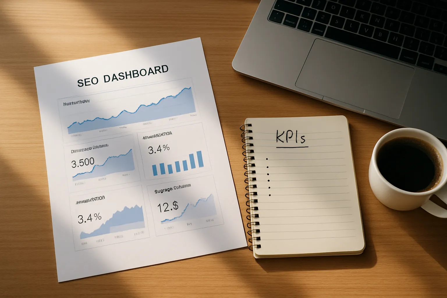 tableau de bord SEO Looker Studio imprimé sur un bureau professionnel avec cahier de notes