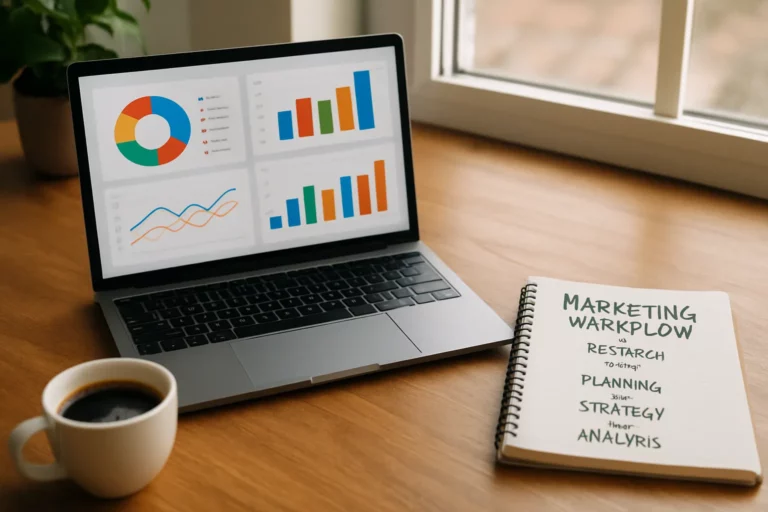 Espace de travail marketing avec dashboard et notes de workflow IA pour Notion et n8n
